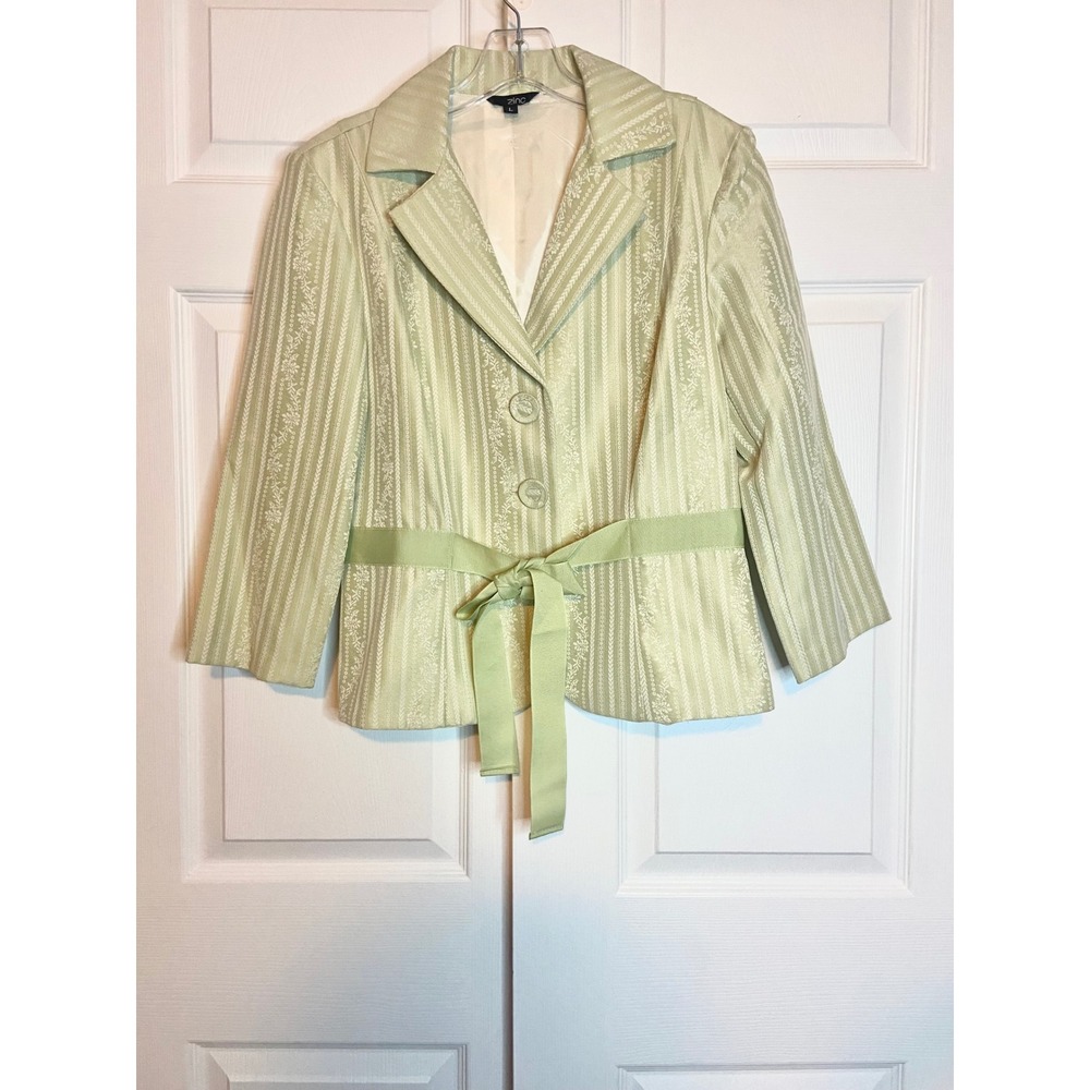 Y2K Zinc Sage Green Floral Jacquard Blazer Jacket Tie Waist L Made in USA